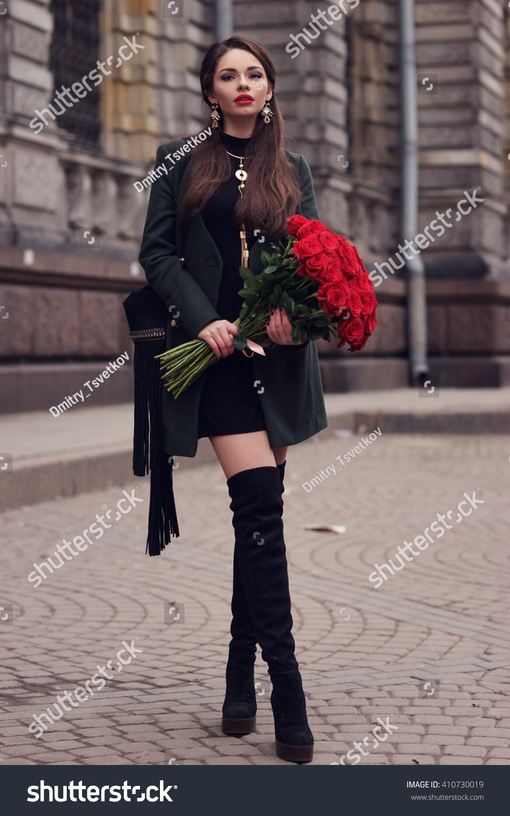 black dress green jacket