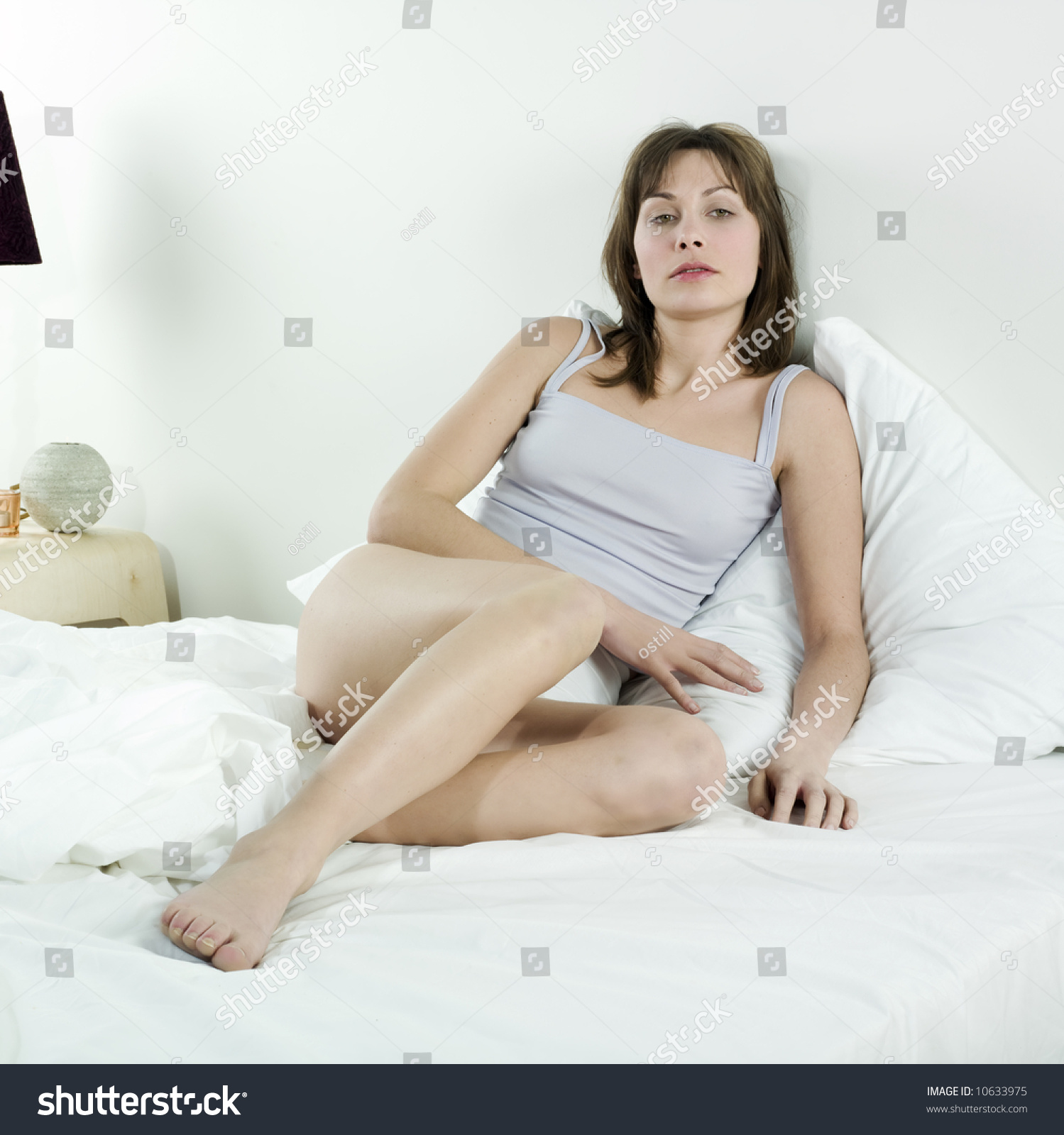 Young Beautiful  Woman  Caucasian Her Bedroom  Stock Photo 