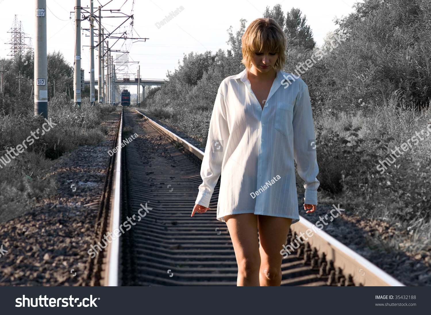 Young Beautiful Woman Walking On A Railroad Track Stock Photo 35432188 ...