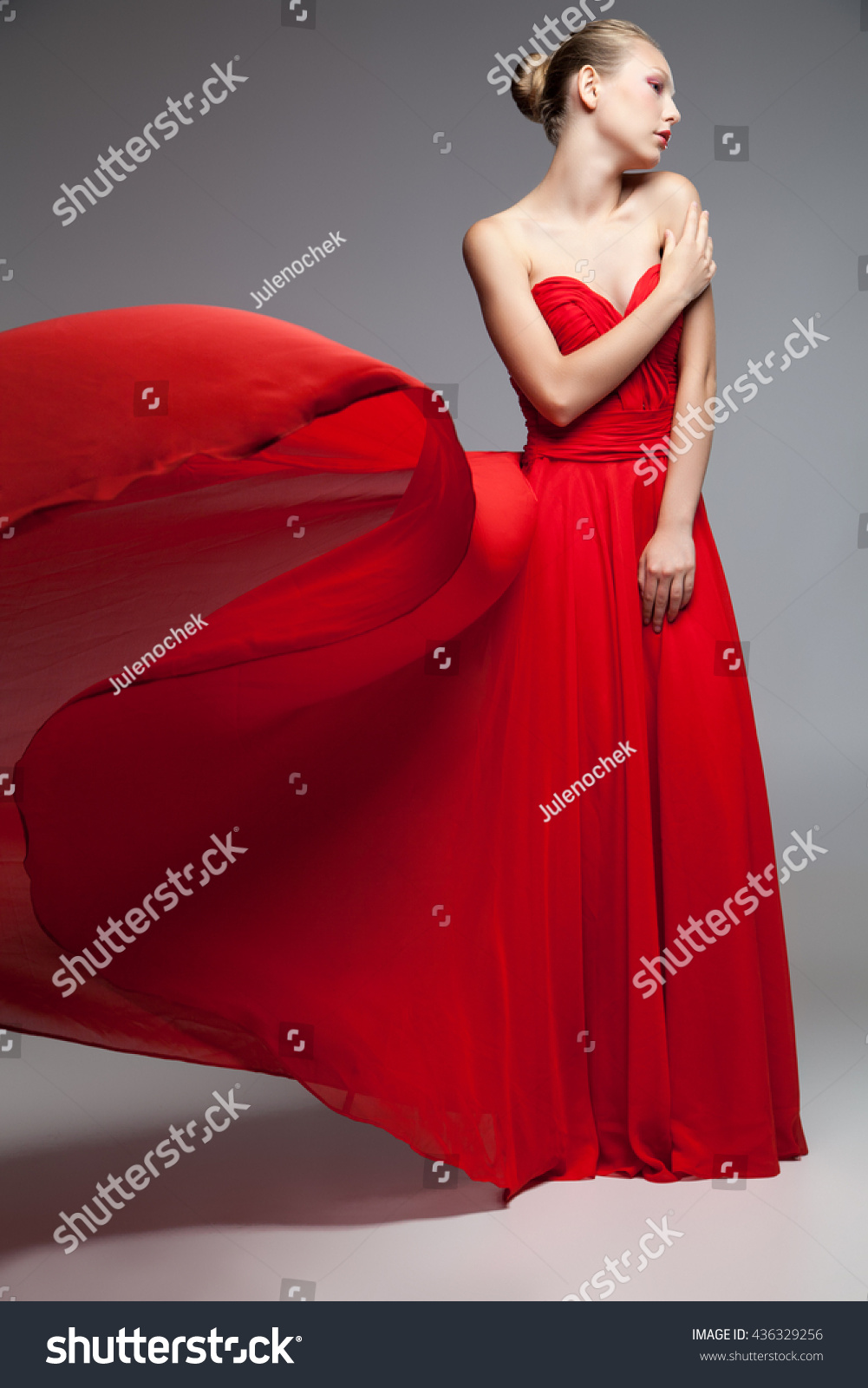 Young Blonde Girl Red Dress Flying Stock Photo 436329256 - Shutterstock
