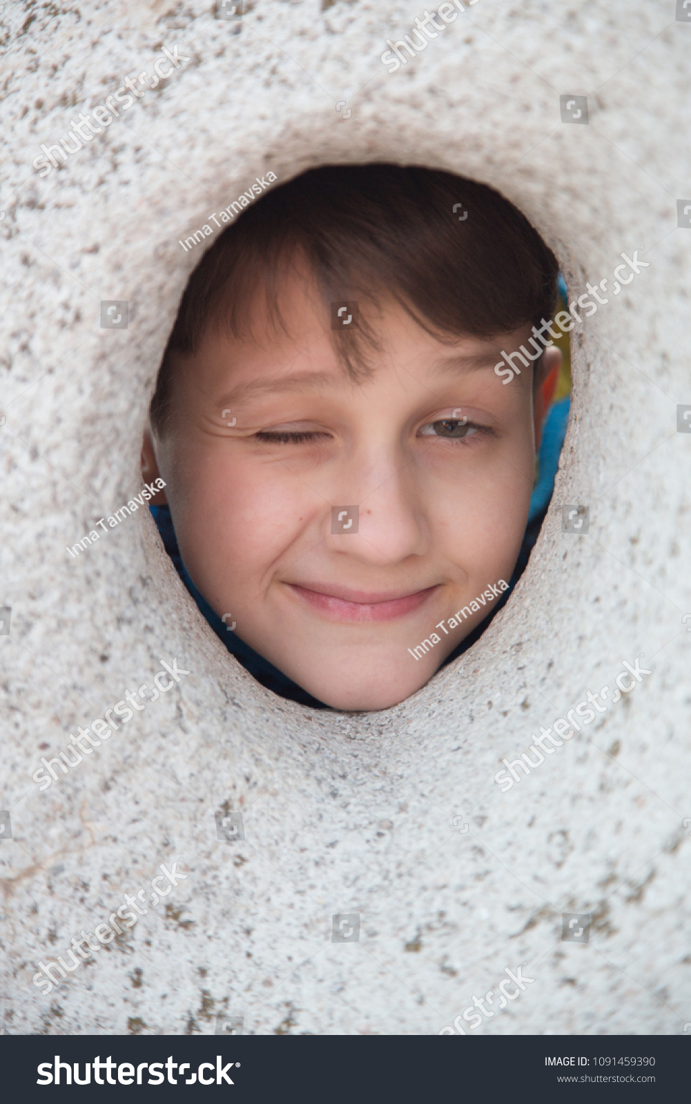 Young Boy Looking Throw Hole Grey Stock Photo Edit Now 1091459390