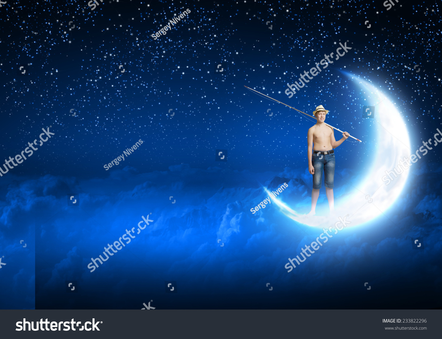 Young Boy Standing On Moon With Fishing Rod Stock Photo 233822296 ...