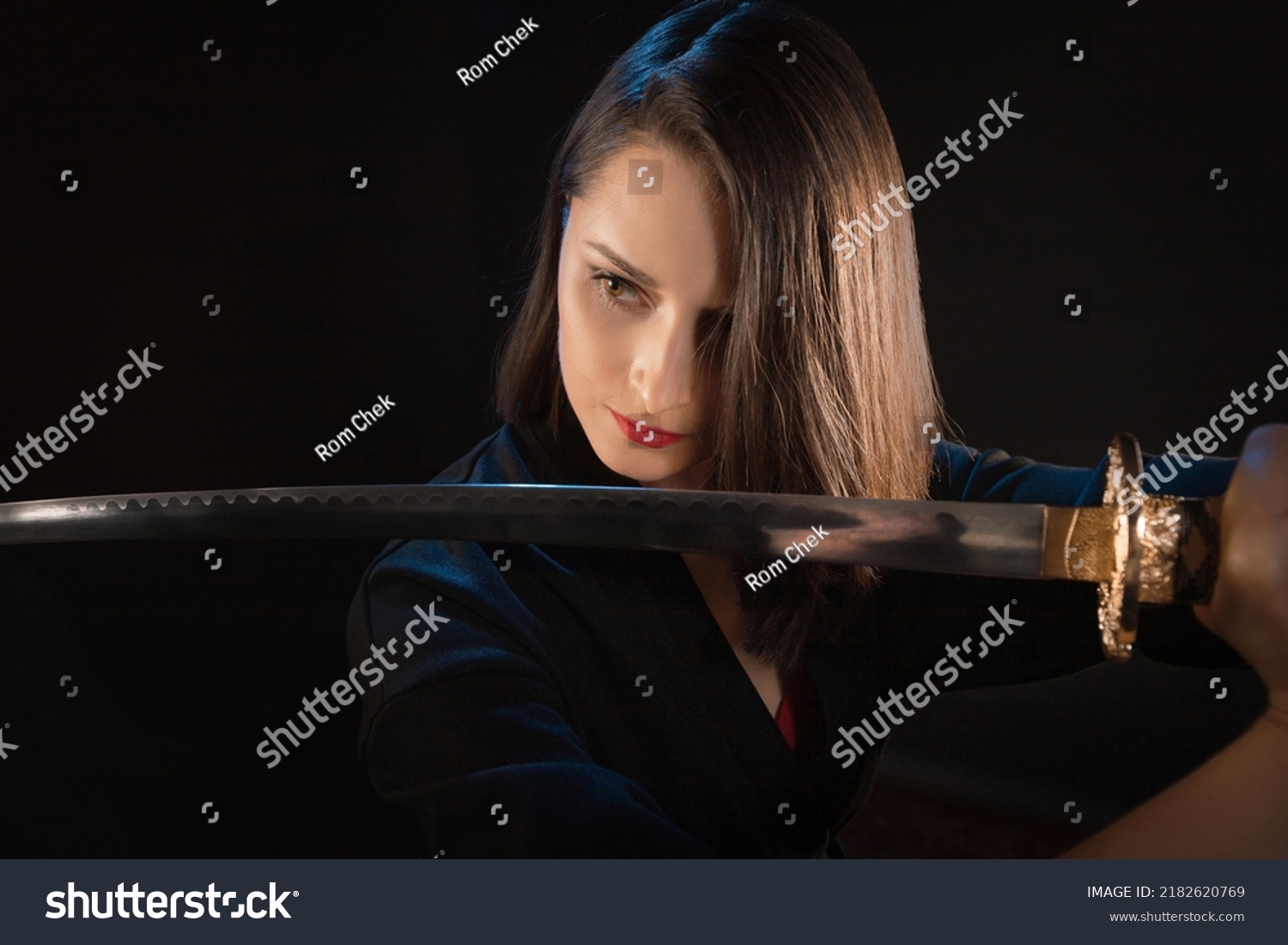 Young Brunette Warrior Woman Katana Sword Stock Photo 2182620769