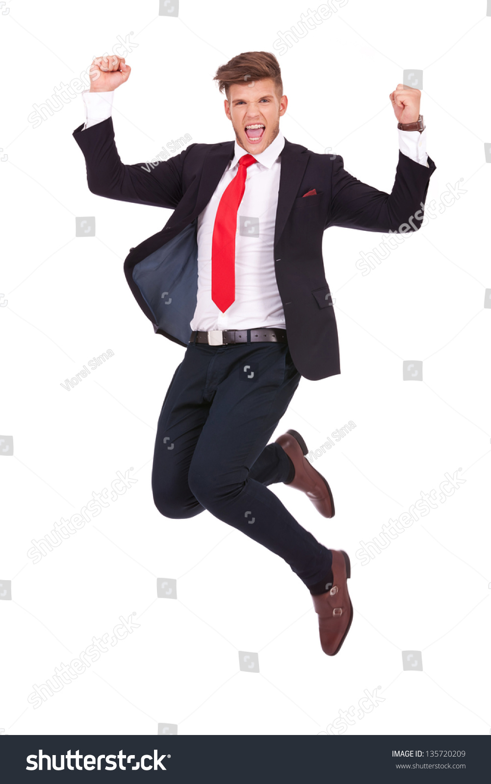 Young Business Man Jumping Air Cheering Stock Photo 135720209 ...