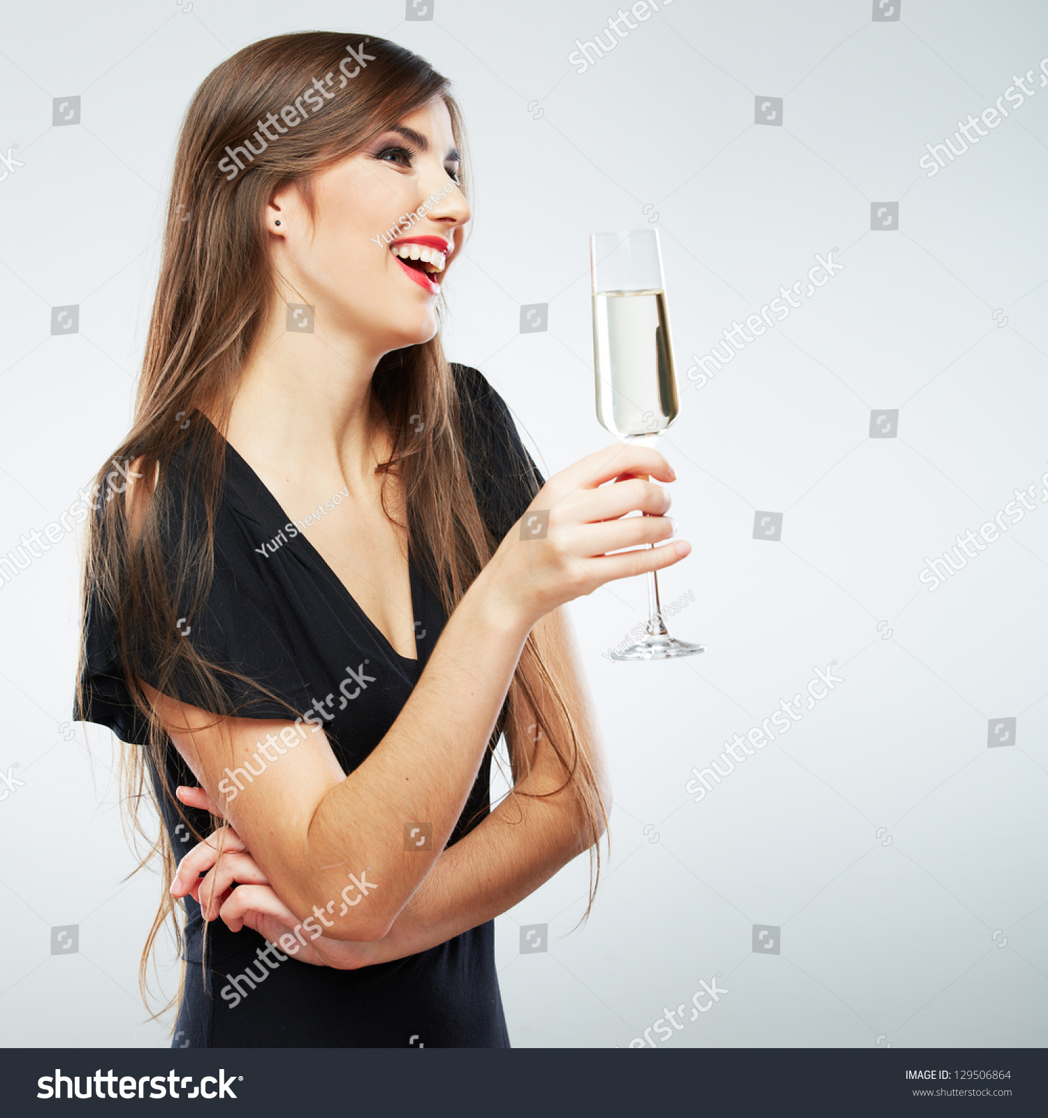 Young Celebrating Woman Black Dress . Beautiful Model Portrait Isolated ...