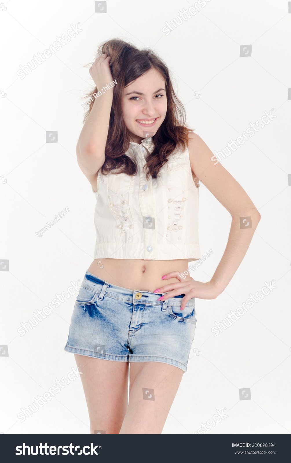 Young Cheerful Teenager Girl Denim Shorts Stock Photo 220898494 ...