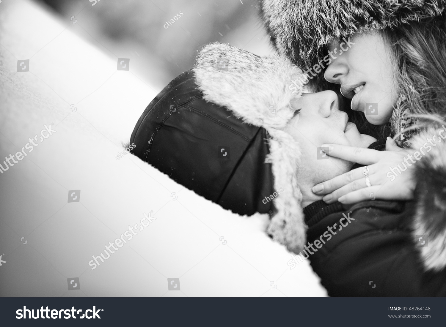 Young Couple Kissing On Snow. Black And White. Stock Photo 48264148 ...