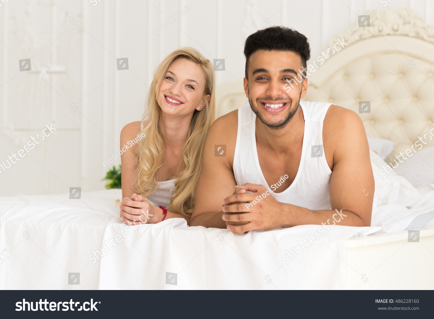 Young Couple Lying Bed Happy Smile Stock Photo 486228160
