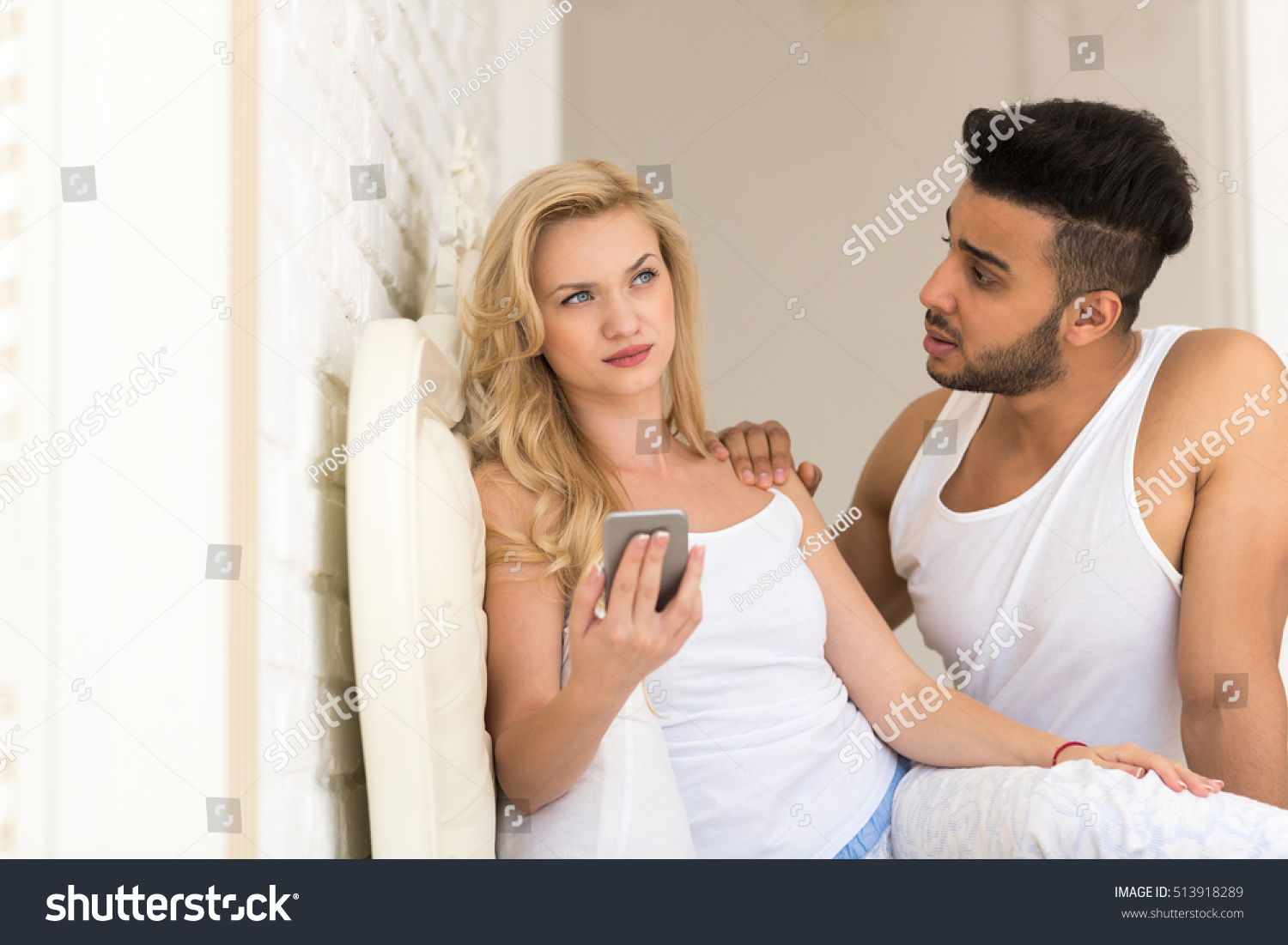 Young Couple Sit Bed Woman Using Stock Photo 513918289 Shutterstock