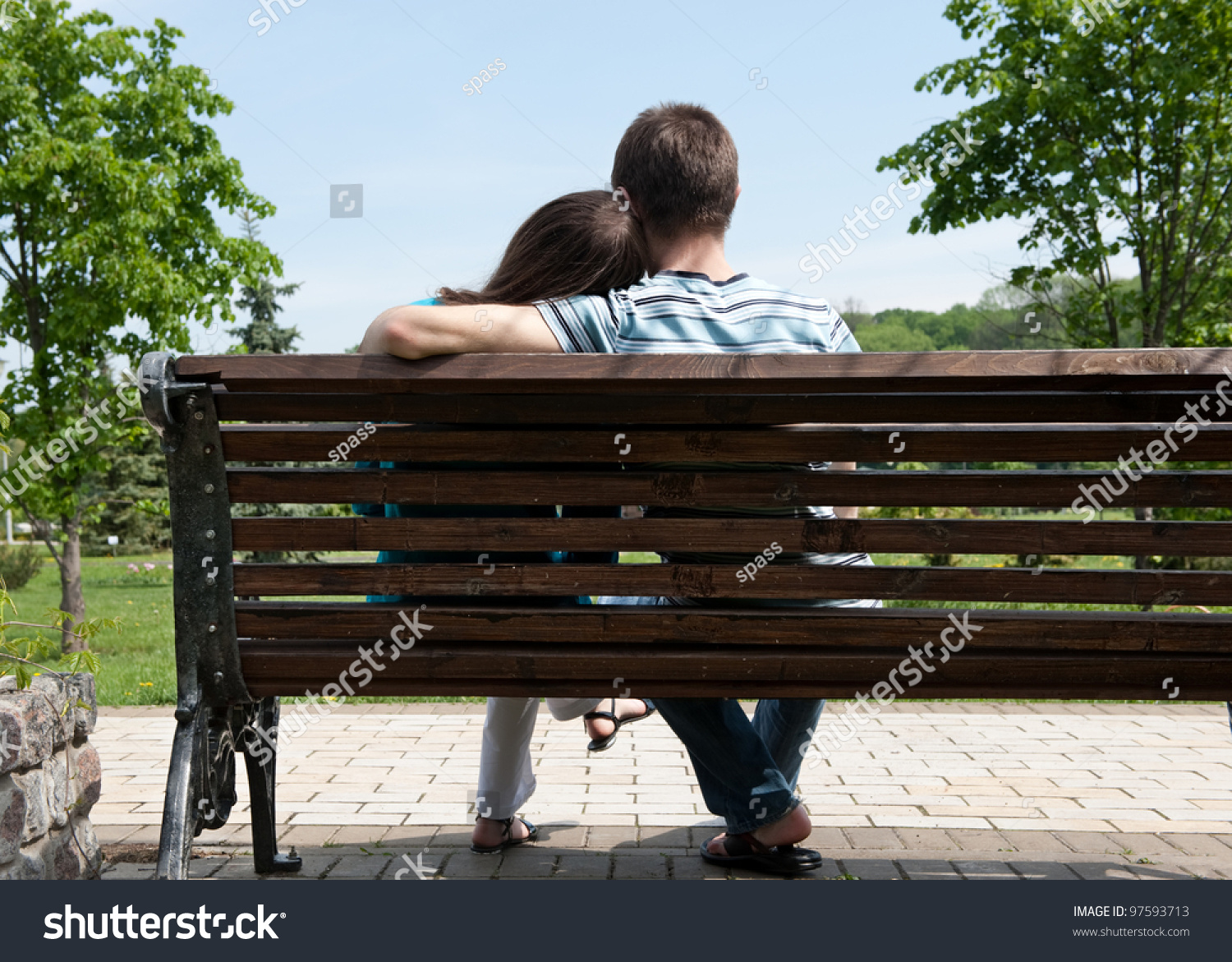 Young Couple Sitting On Bench Park Stock Photo 97593713 - Shutterstock