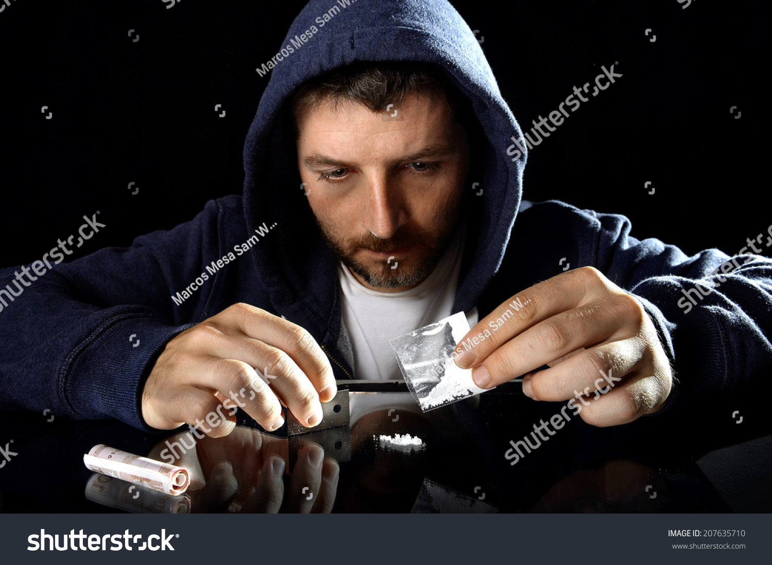 Young Drug Addict Man On Hood Alone Ready Preparing Cocaine Lines ...