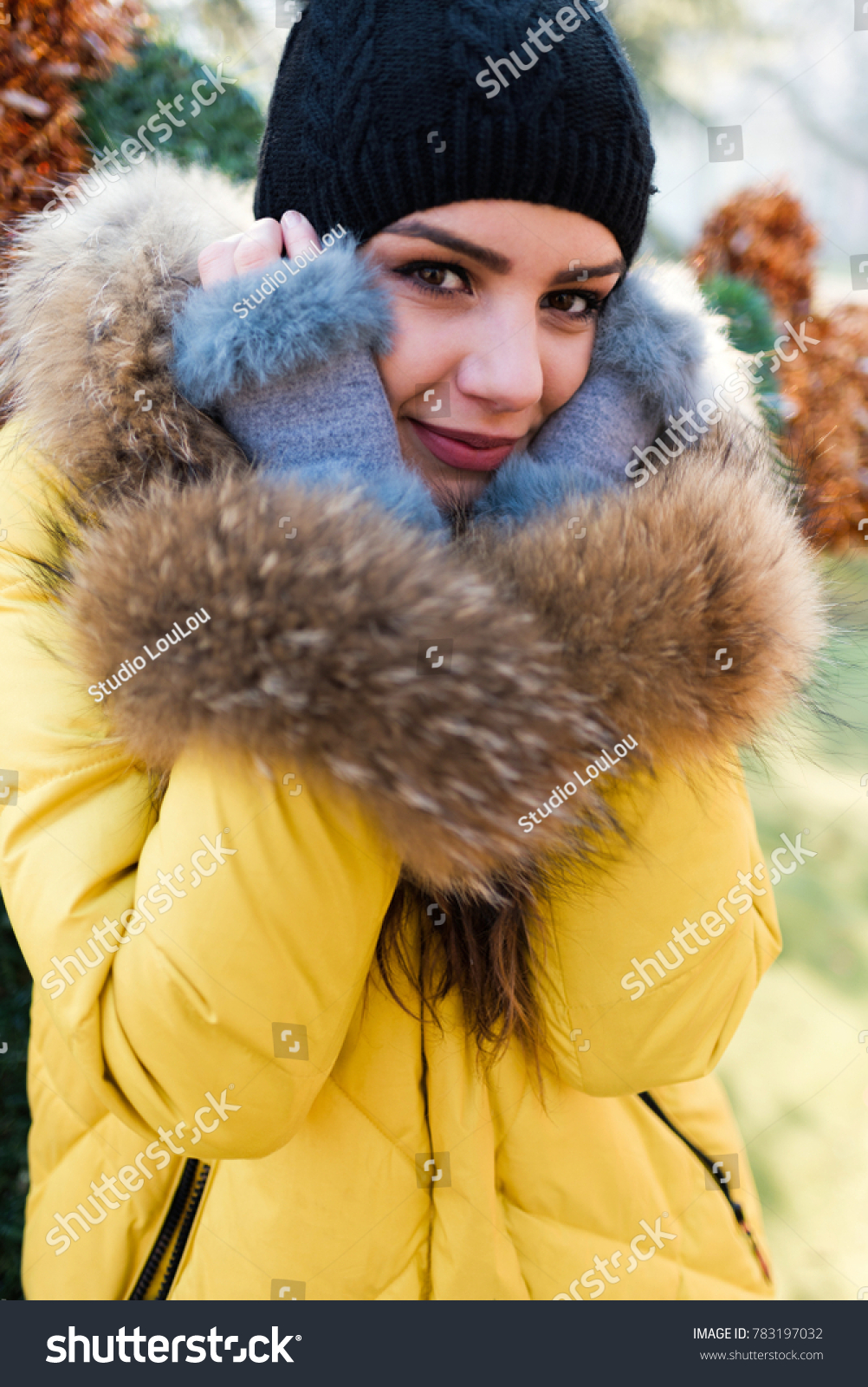 blue furry gloves