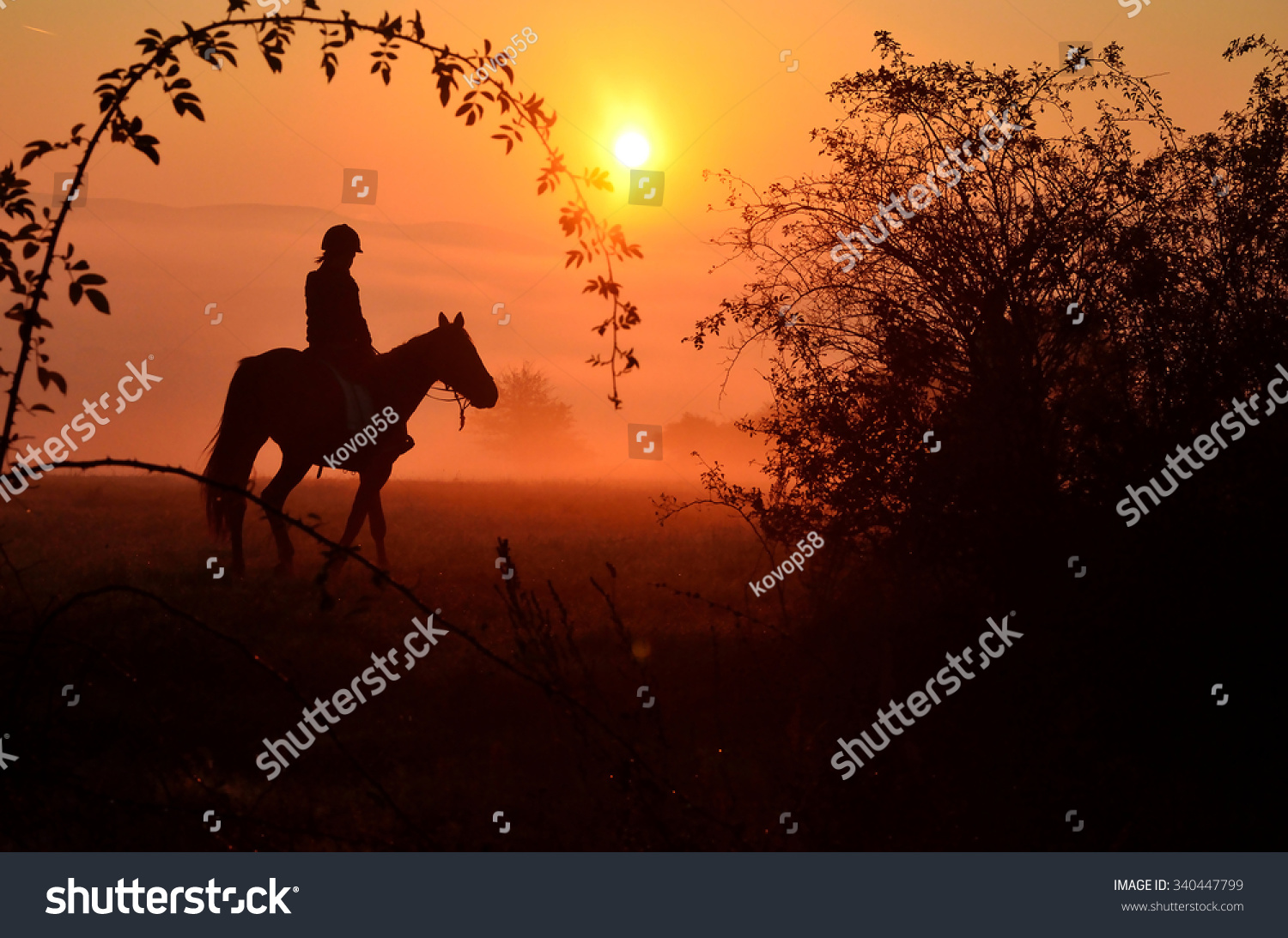 Young girl riding on horse during wonderful calm and peaceful autumn morning full of mist and gold light on the meadow in slovakia