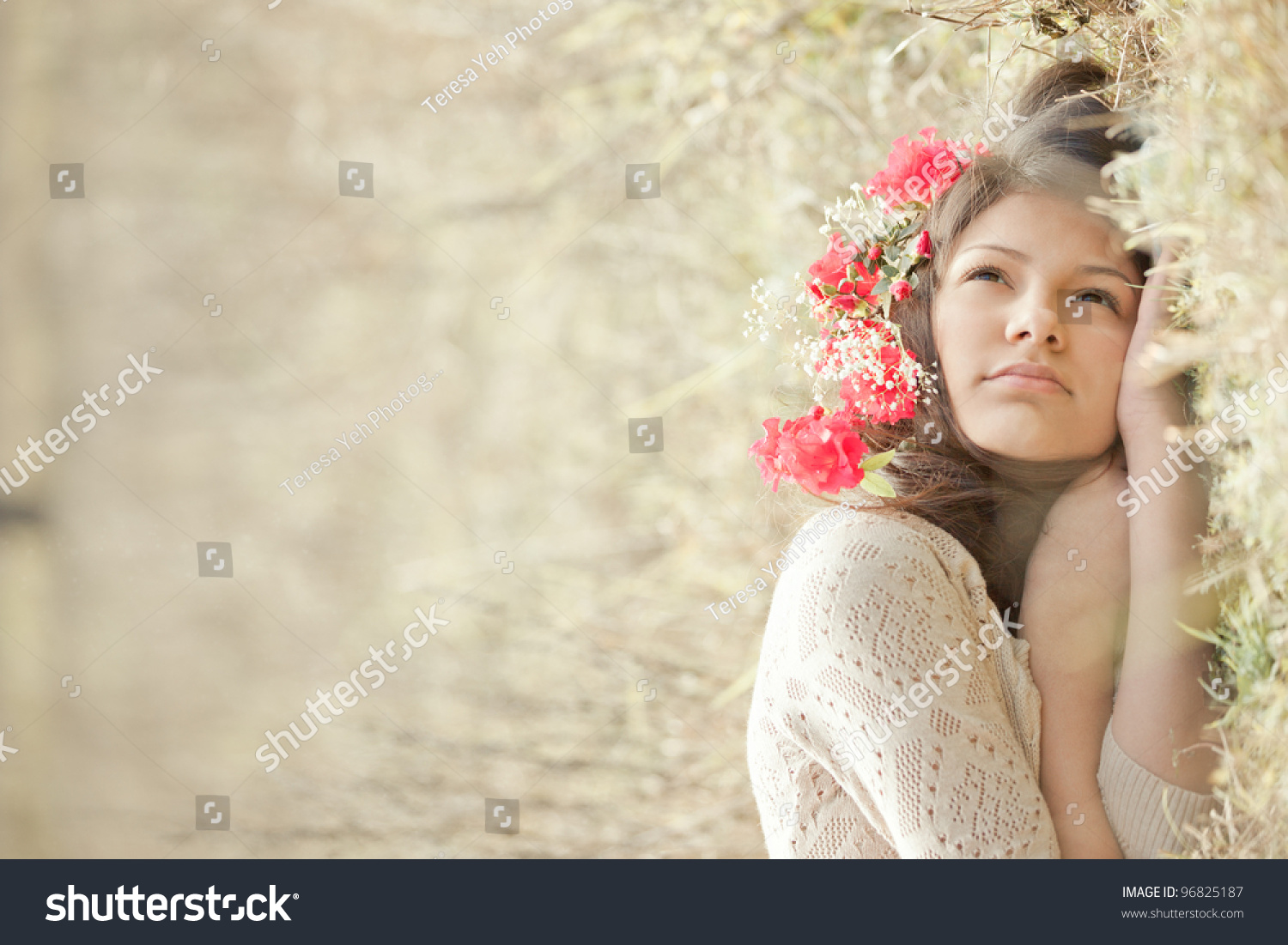 Young Girl Red Flowers Hair Lying Stock Photo Edit Now