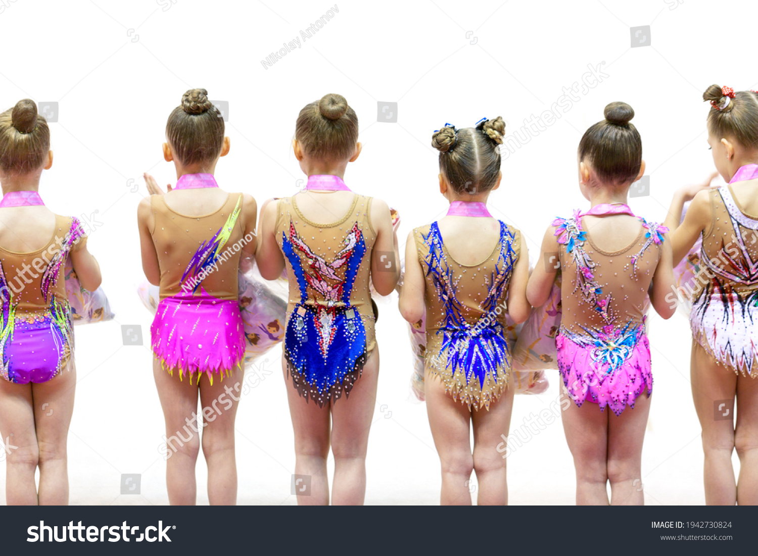 Young Girls Gymnasts Colorful Swimsuits Row Stock Photo 1942730824 