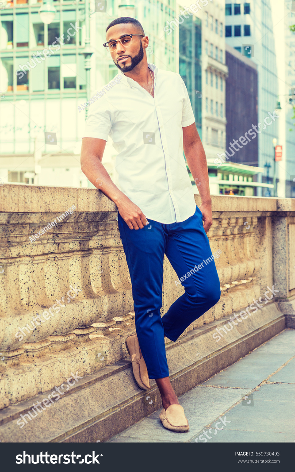 white shirt blue dress pants