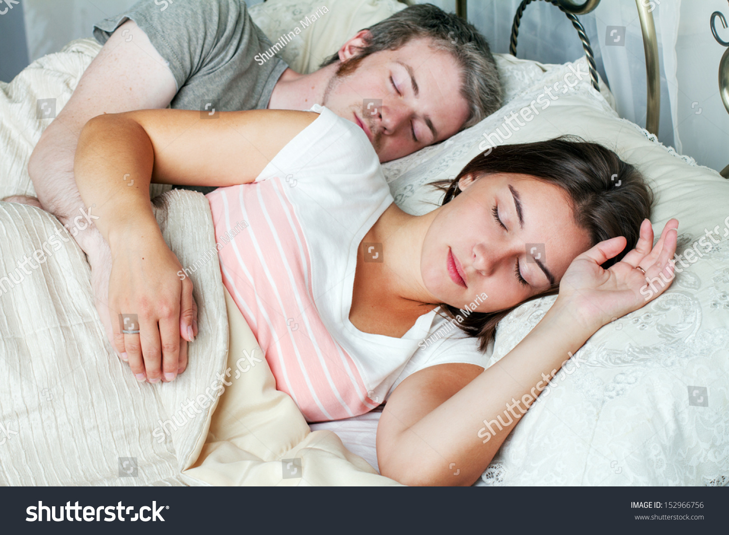 Young Husband Wife Sleeping On Bed Stock Photo 152966756
