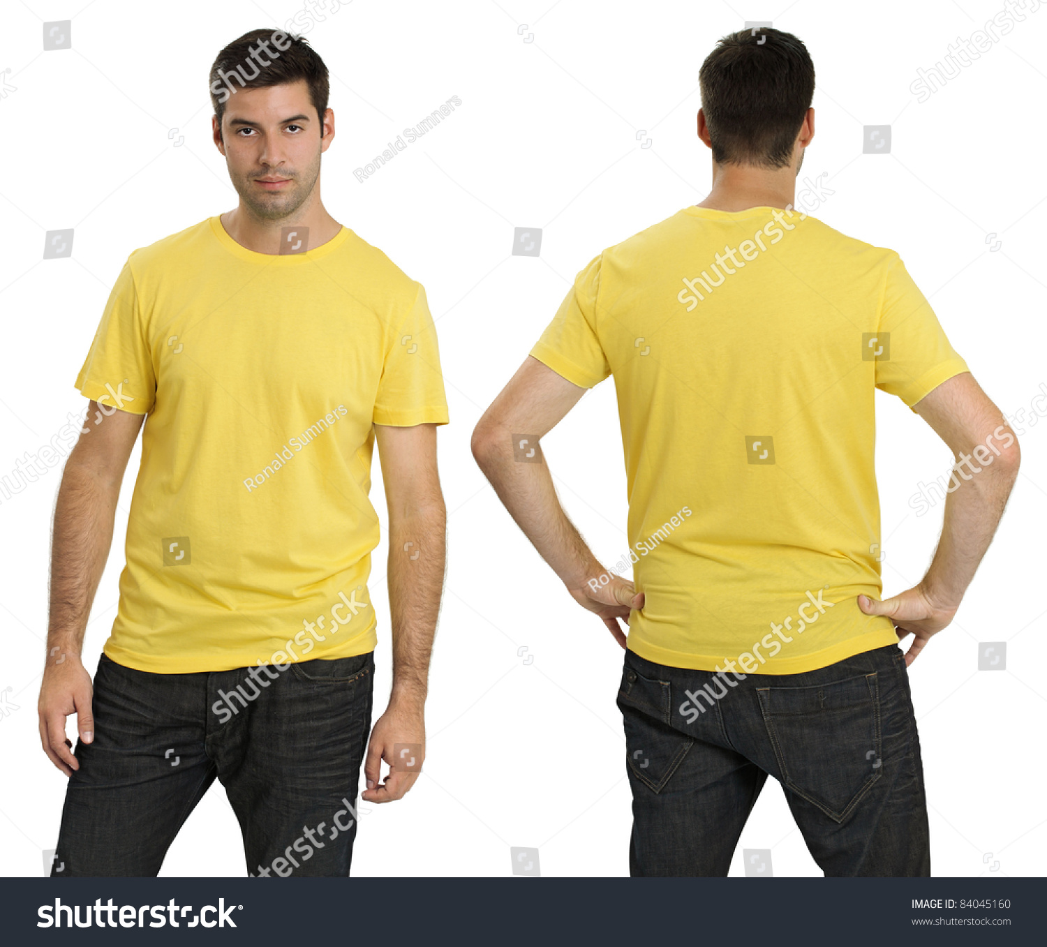 Young Male With Blank Yellow T-Shirt, Front And Back. Ready For Your ...