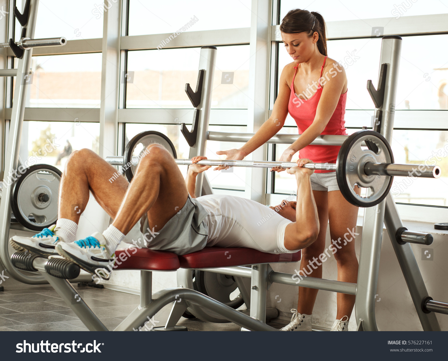 Young Man Woman Doing Chest Workout Stock Photo Edit Now 576227161