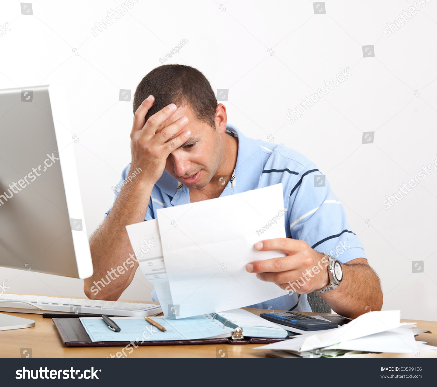 Young Man Desk Computer Checkbook Worrying Stock Photo 53599156 ...