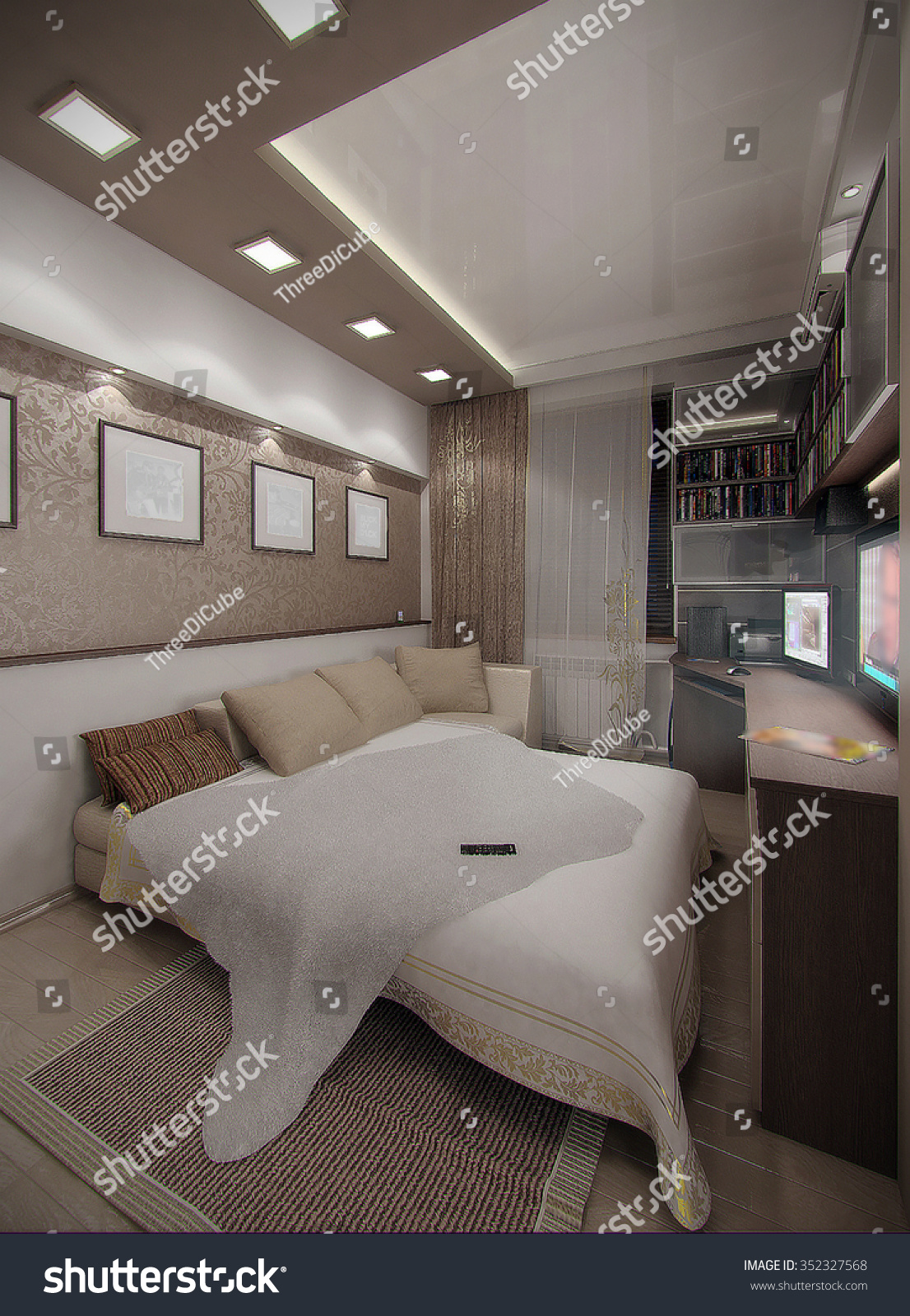 Young Man Bedroom Interior Design Render Stock Illustration 352327568