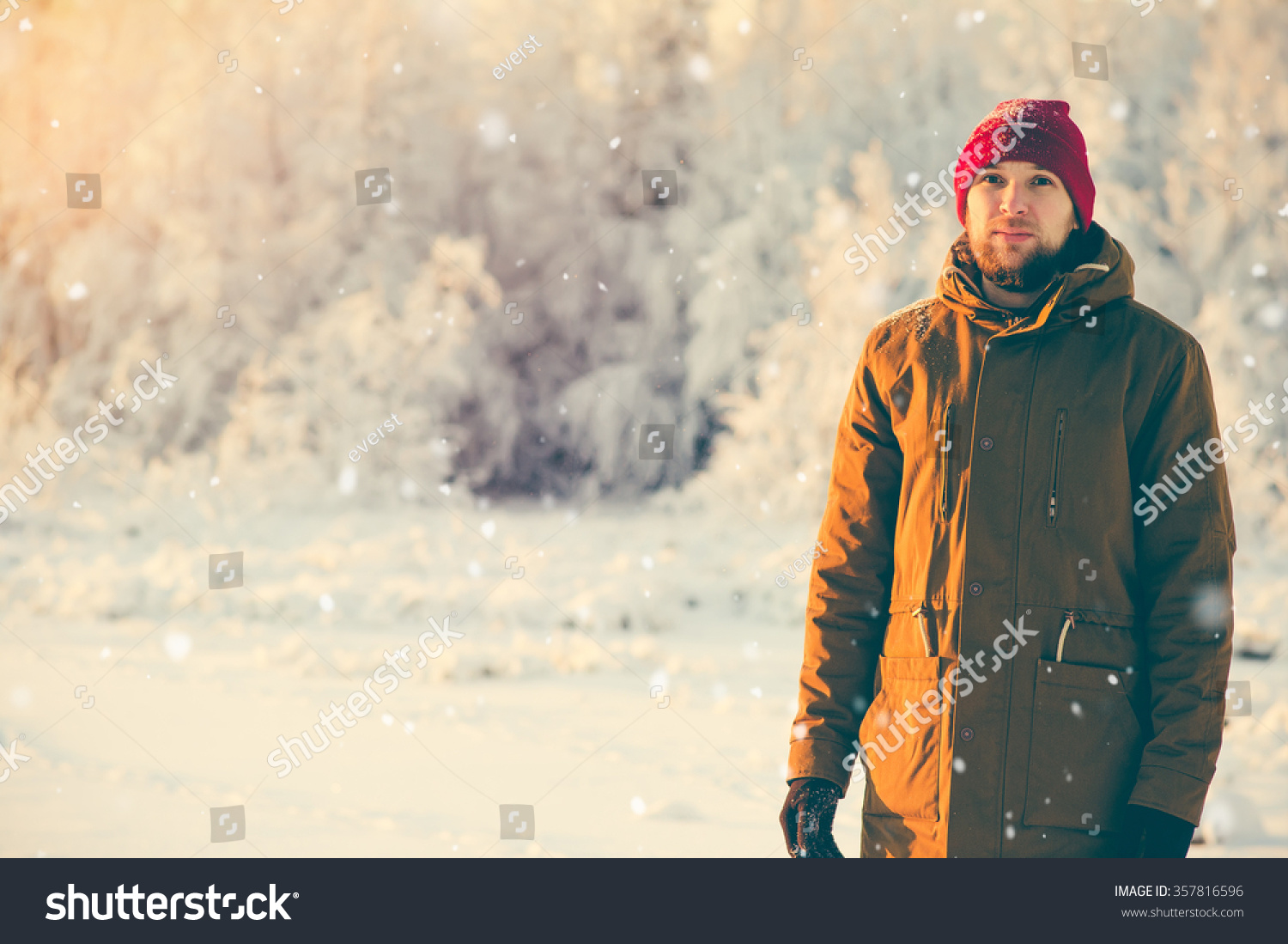 Young Man Enjoying Snow Weather Walking Outdoor Winter Lifestyle ...