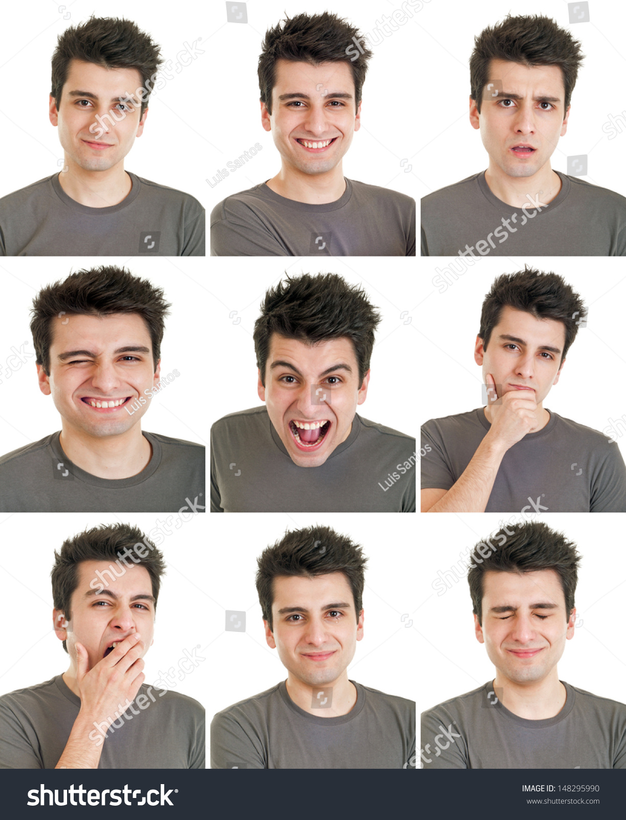 Young Man Face Expressions Composite Isolated On White Background Stock ...