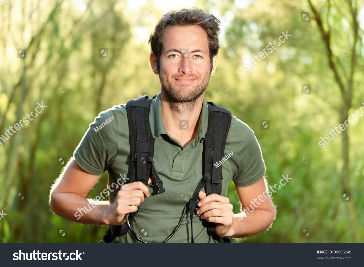 Young Man Hiking Smiling Happy Portrait. Male Hiker Walking In Forest ...