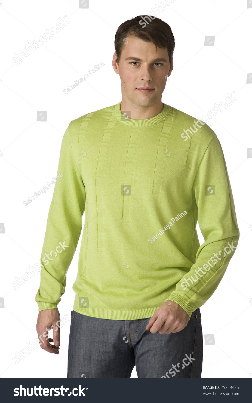Young Man In A Green Warm Sweater On A White Background Stock Photo ...
