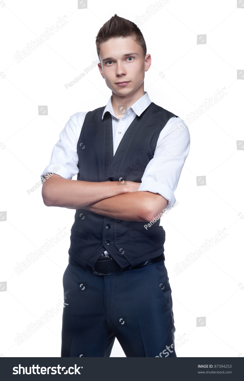 wearing a vest with at shirt