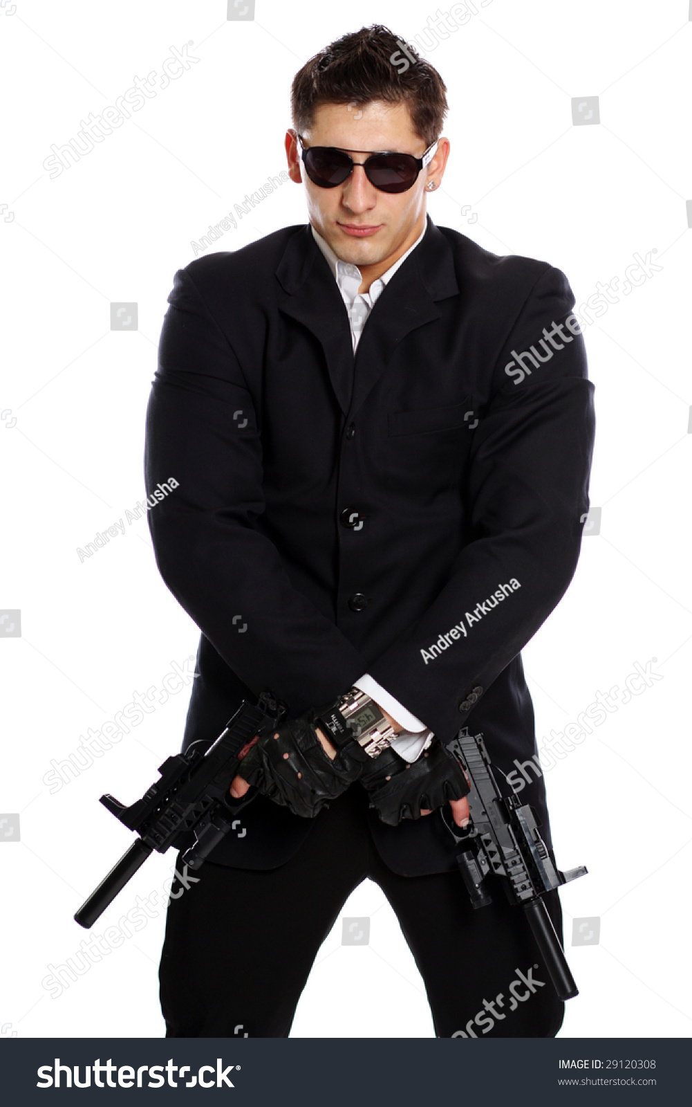 Young Man In Black Suit Holding Gun Isolated On White Background Stock ...