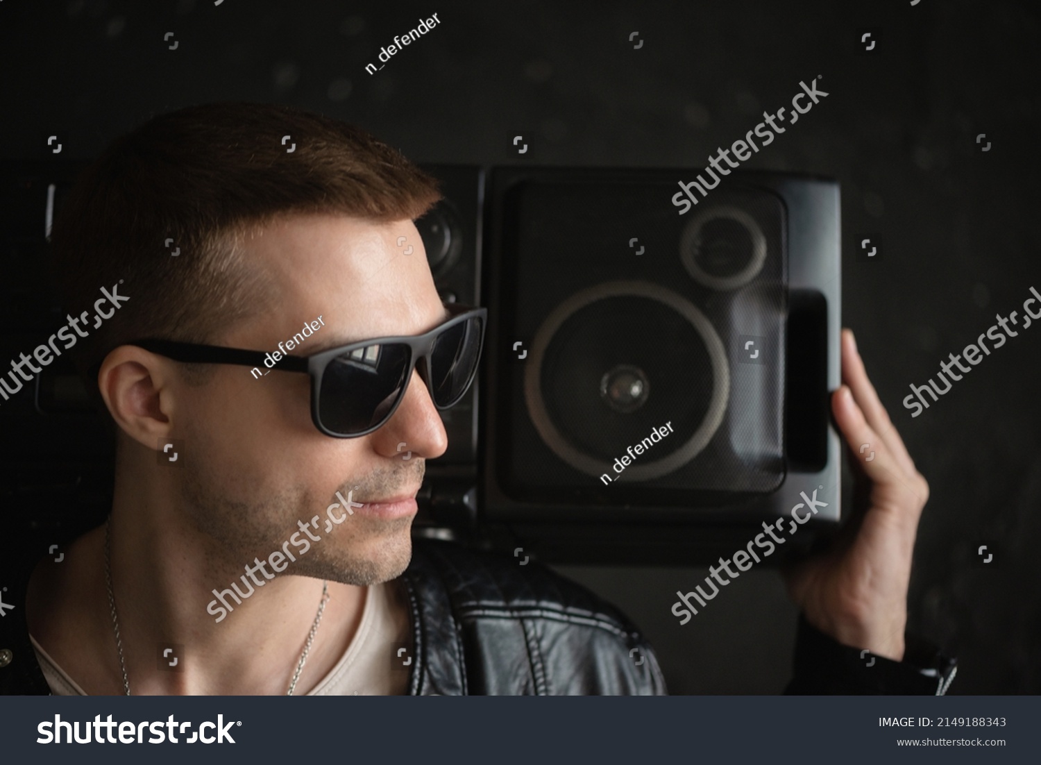 Young Man Leather Jacket Tape Recorder Stock Photo 2149188343 ...