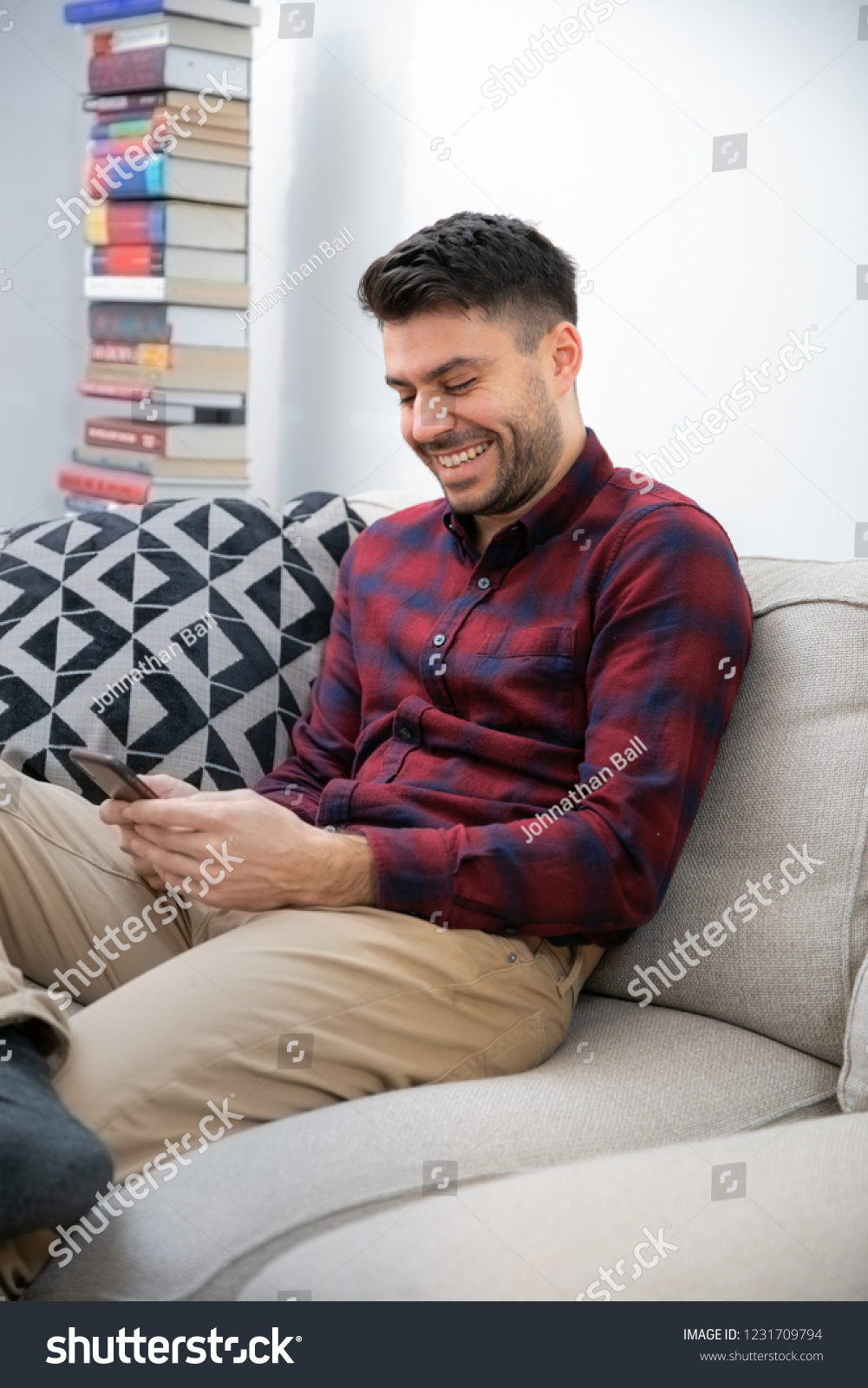 Young Man Red Navy Plaid Shirt Royalty Free Stock Image