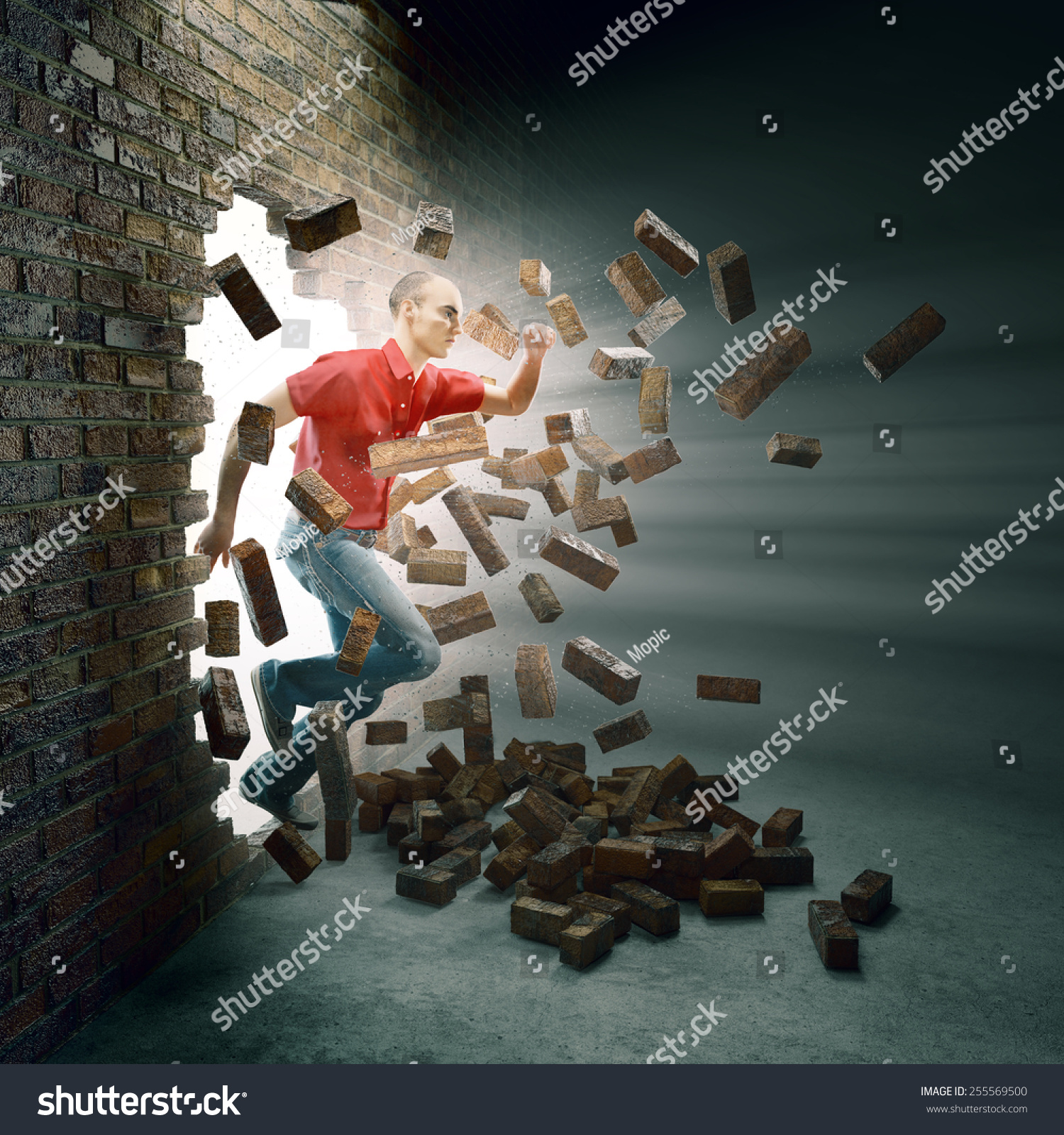 Young Man Running Through Brick Wall Stock Illustration 255569500