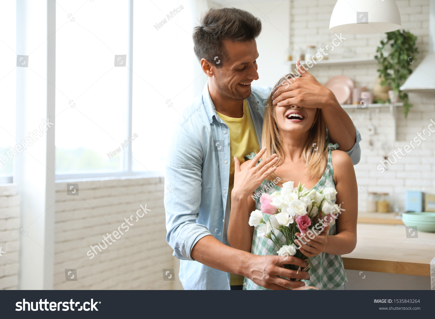 Young Man Flowers Bouquet Congratulating His Stock Photo 1535843264 ...