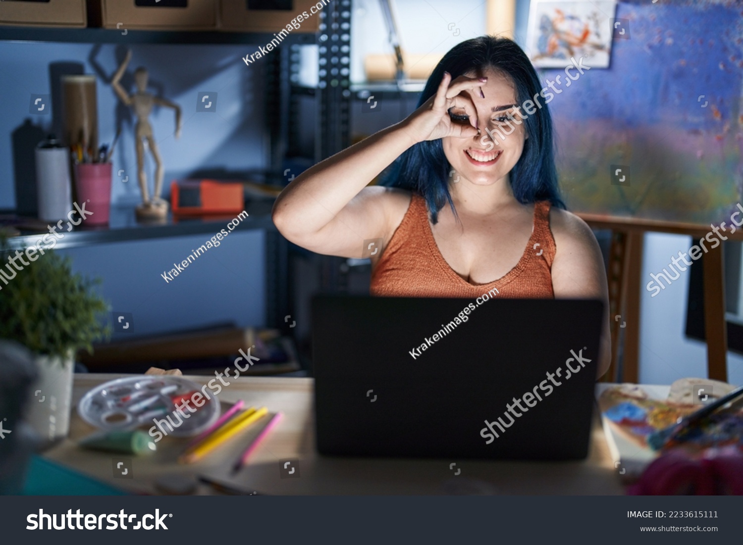  Black Classic  Template Design Featuring Young Modern Girl with Blue Hair Sitting at Art Studio with Laptop