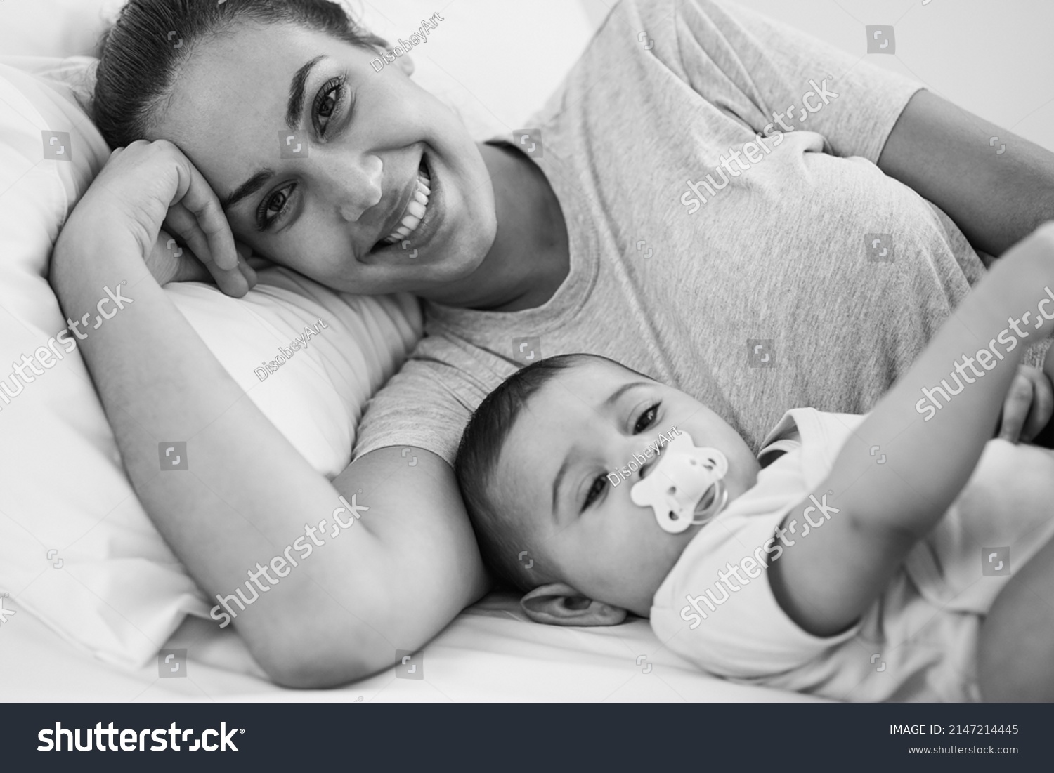 Young Mother Lying Bed Her Son Stock Photo 2147214445 | Shutterstock