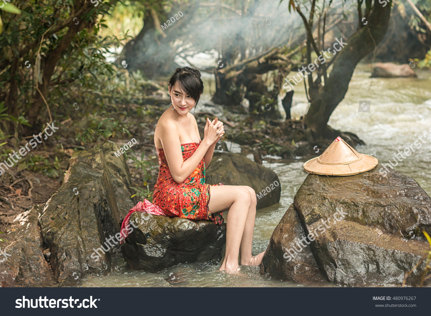 Asian Women Bathing At Outdoors Stock Image - Image of 