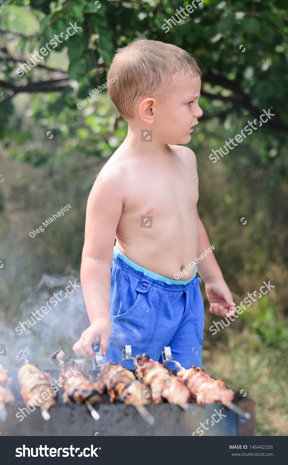 Young Shirtless Boy Cooking Barbecue Standing Stock Photo 146442326 ...