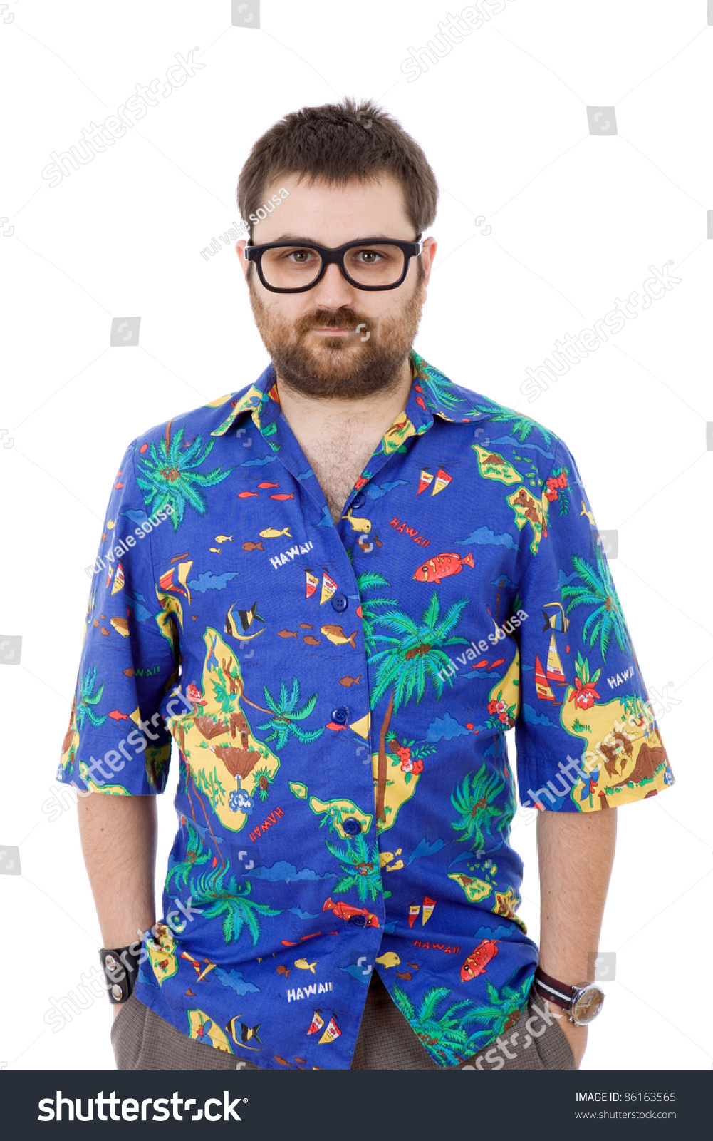Young Silly Man With A Hawaiian Shirt, Isolated Stock Photo 86163565 ...