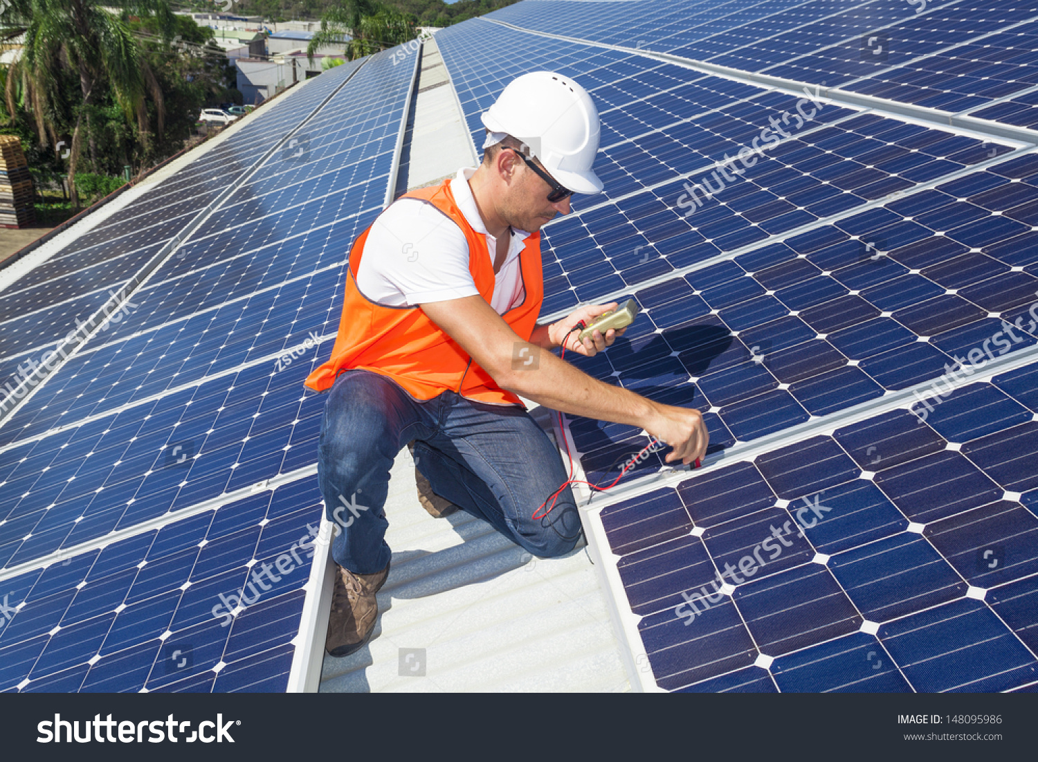 Young Technician Checking Solar Panels On Stock Photo 148095986 ...