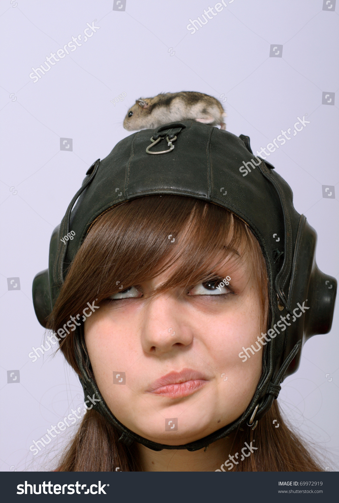 Young Teen Girl In Pilot Helmet And Hamster On It Stock Photo 69972919 ...