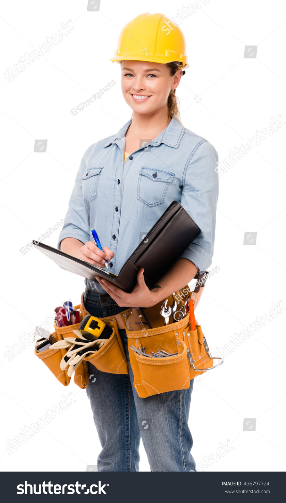 Young Woman Construction Worker Notebook On Stock Photo 496797724 