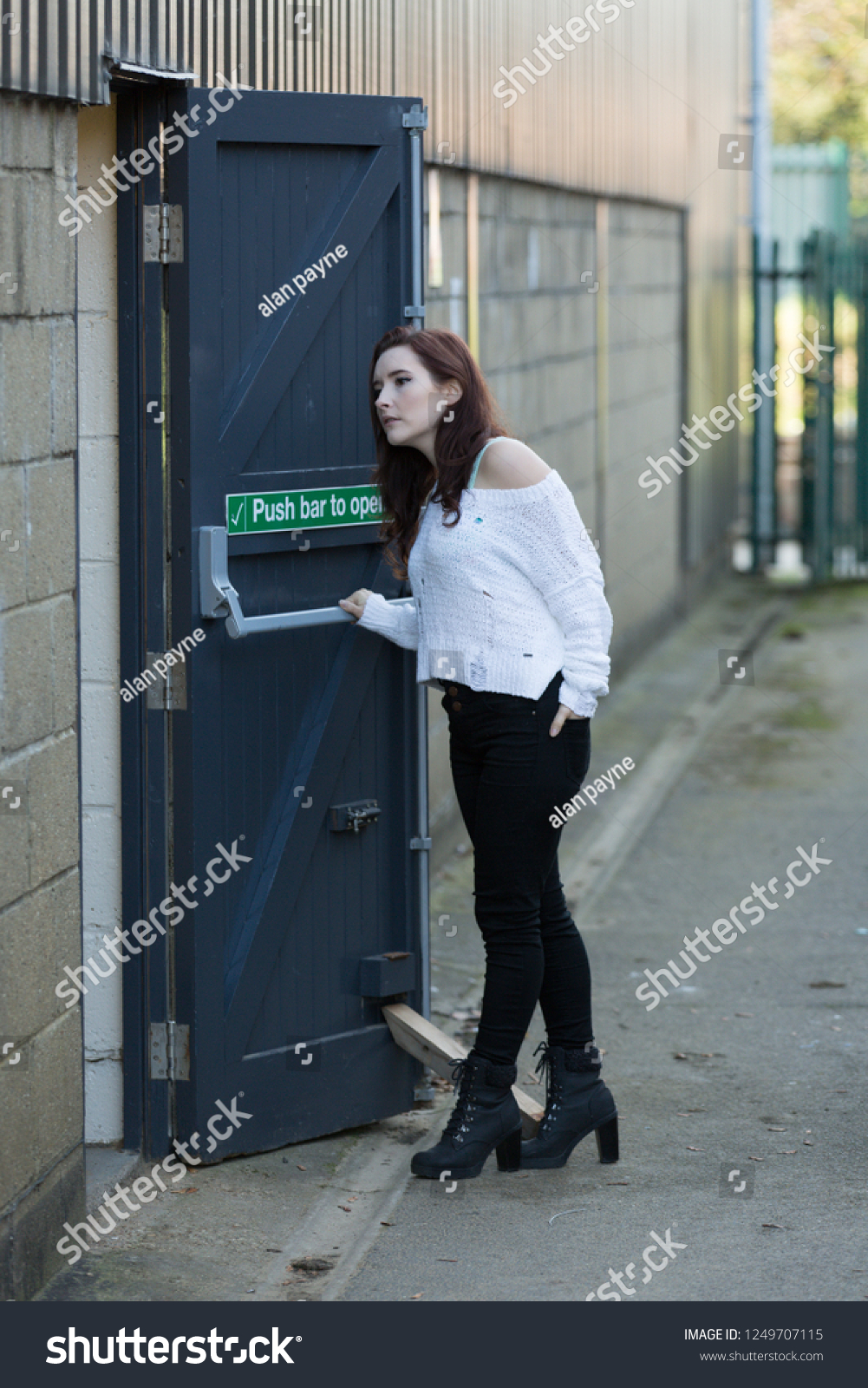 Young Woman Entering Open Door Care Stock Photo Edit Now 1249707115