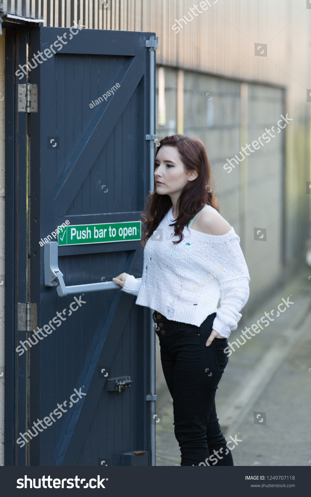 Young Woman Entering Open Door Care Stock Photo Edit Now 1249707118