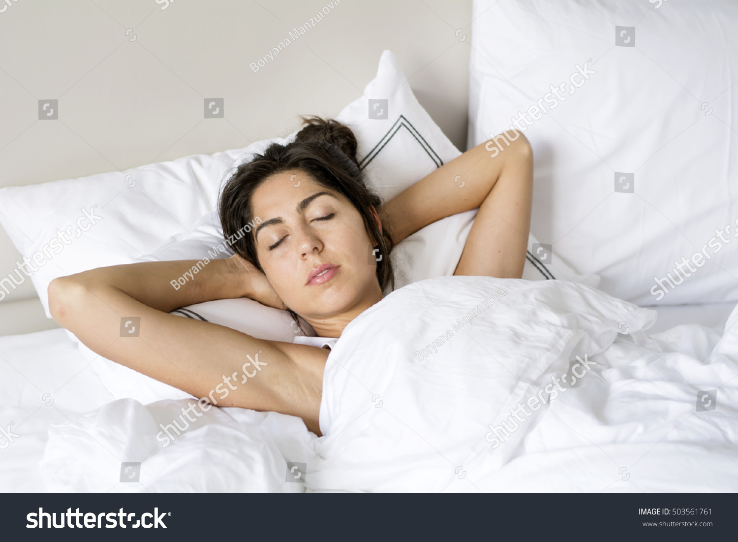 Young Woman Happily Sleeping White Bed Stock Photo 503561761 | Shutterstock