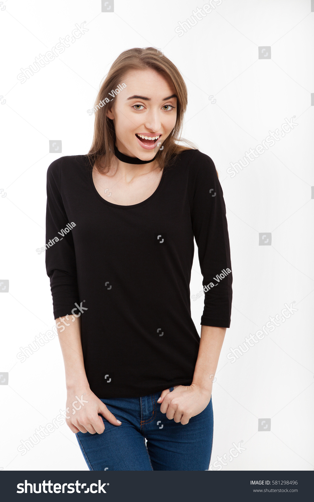 Download Young Woman Black Tshirt On White Stock Photo 581298496 ...
