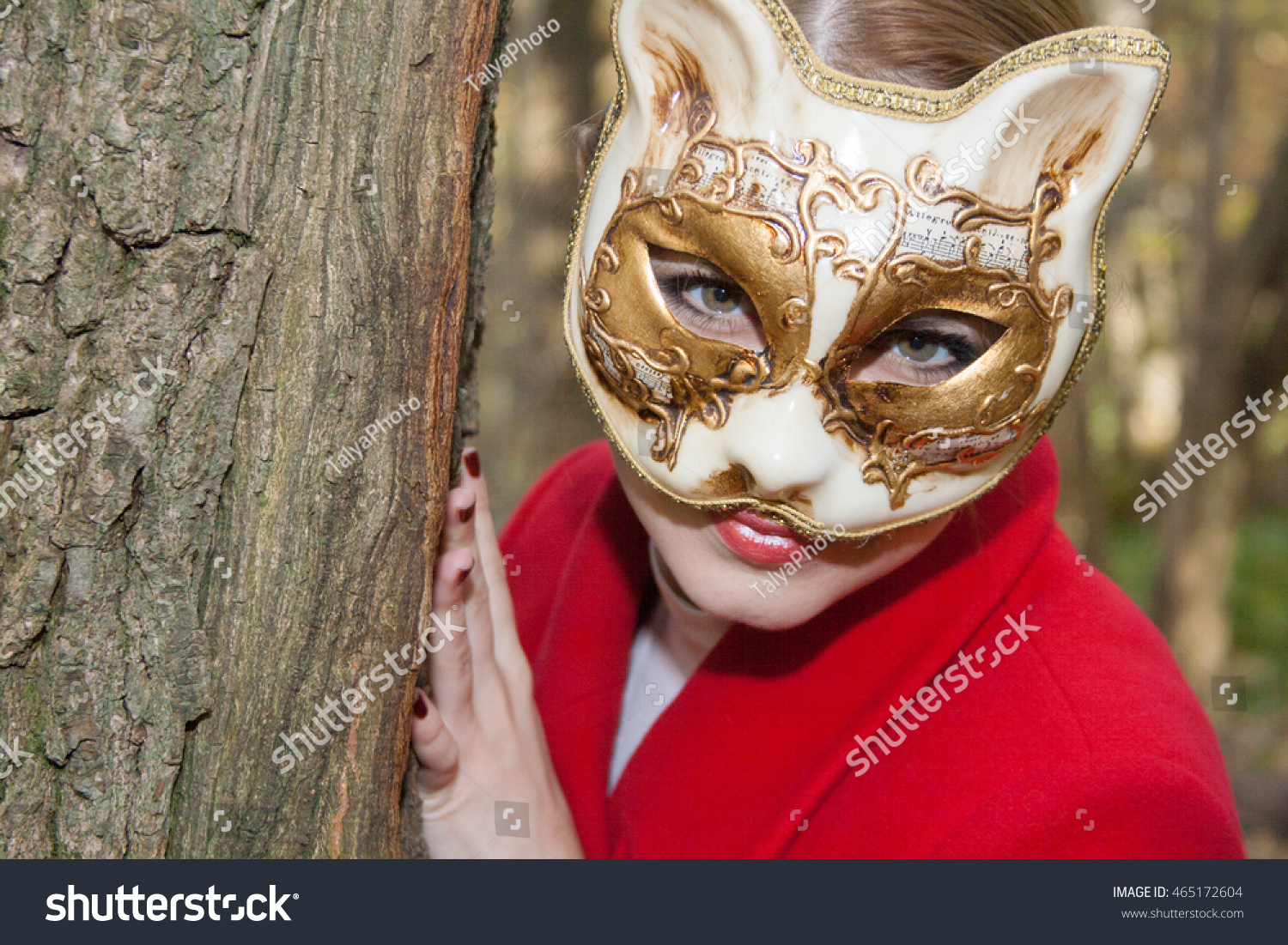 Young Woman Red Coat Cat Mask Stock Photo 465172604 - Shutterstock