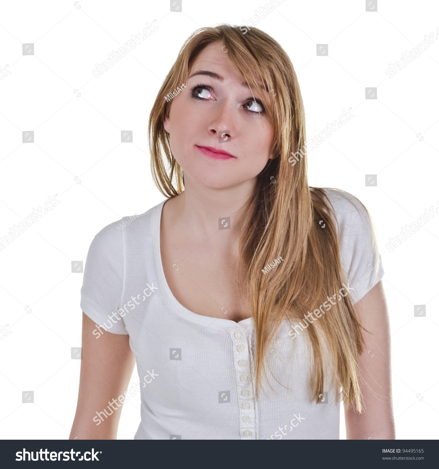 Young Woman Looking Up-Right With Expression As She Is Satisfied About ...
