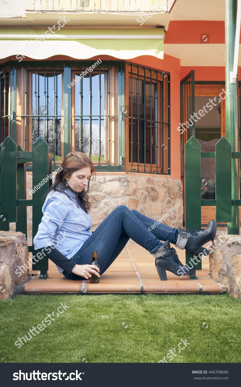 Young Woman Relaxes Beer Garden On Stock Photo Edit Now 440708680